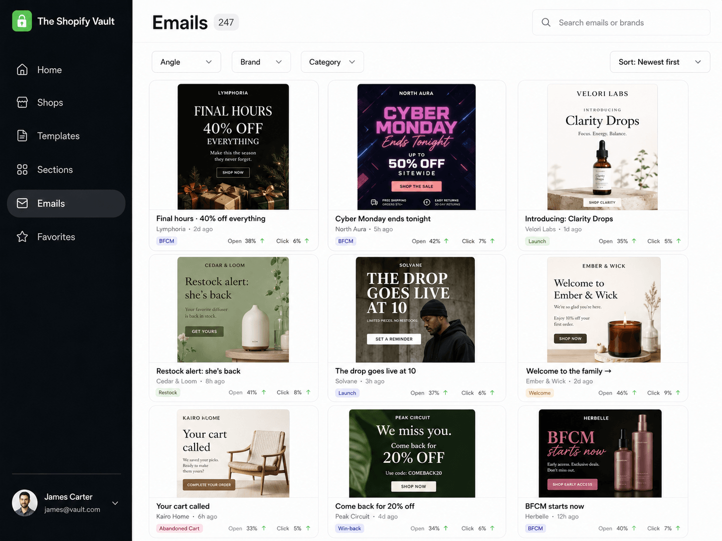 Shopify Vault — Emails view with promo and lifecycle email examples