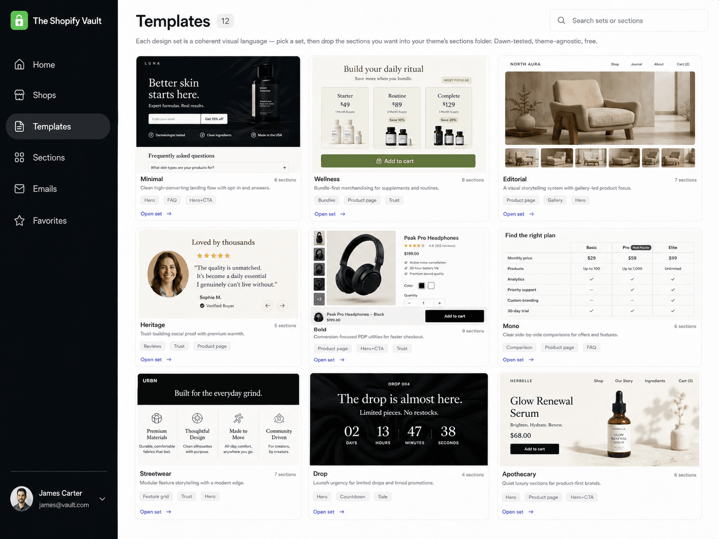 Shopify Vault — Templates design-set grid with copy-paste Liquid sections